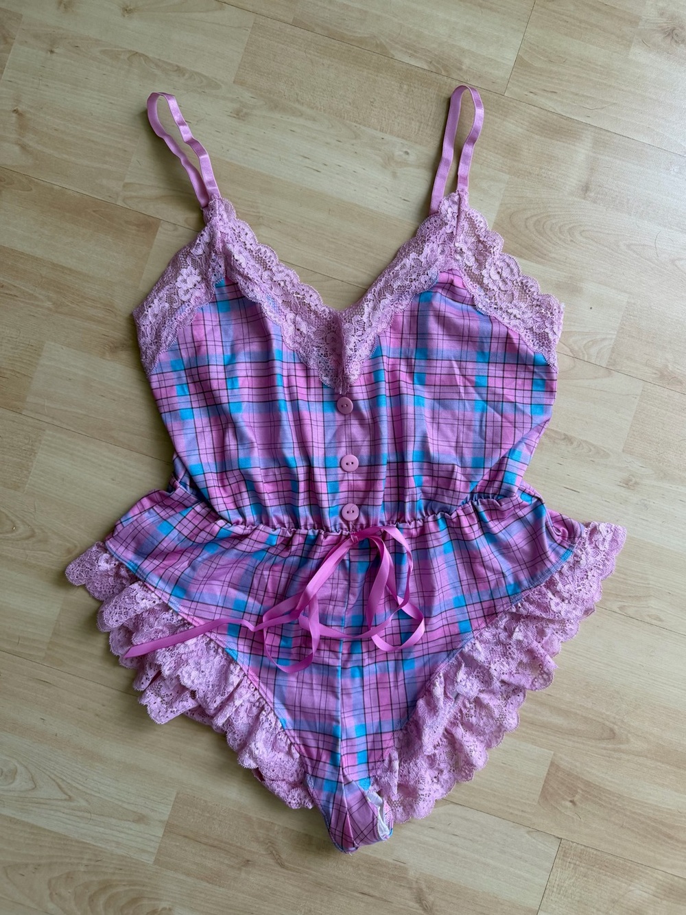 Sugar Thrillz Pink Plaid Lace-Trim Teddy Romper